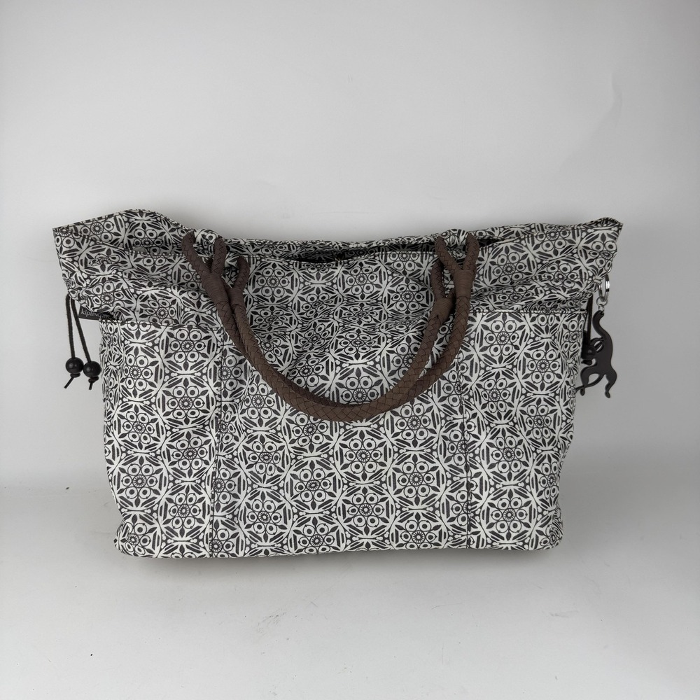 Large Geometric‎ Tote Shoulder Bag Womens Black White Drawstring Monkey Kipling